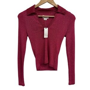 Maeve Anthropologie Pink Metallic Ribbed Collared Long Sleeve Sweater Top knit